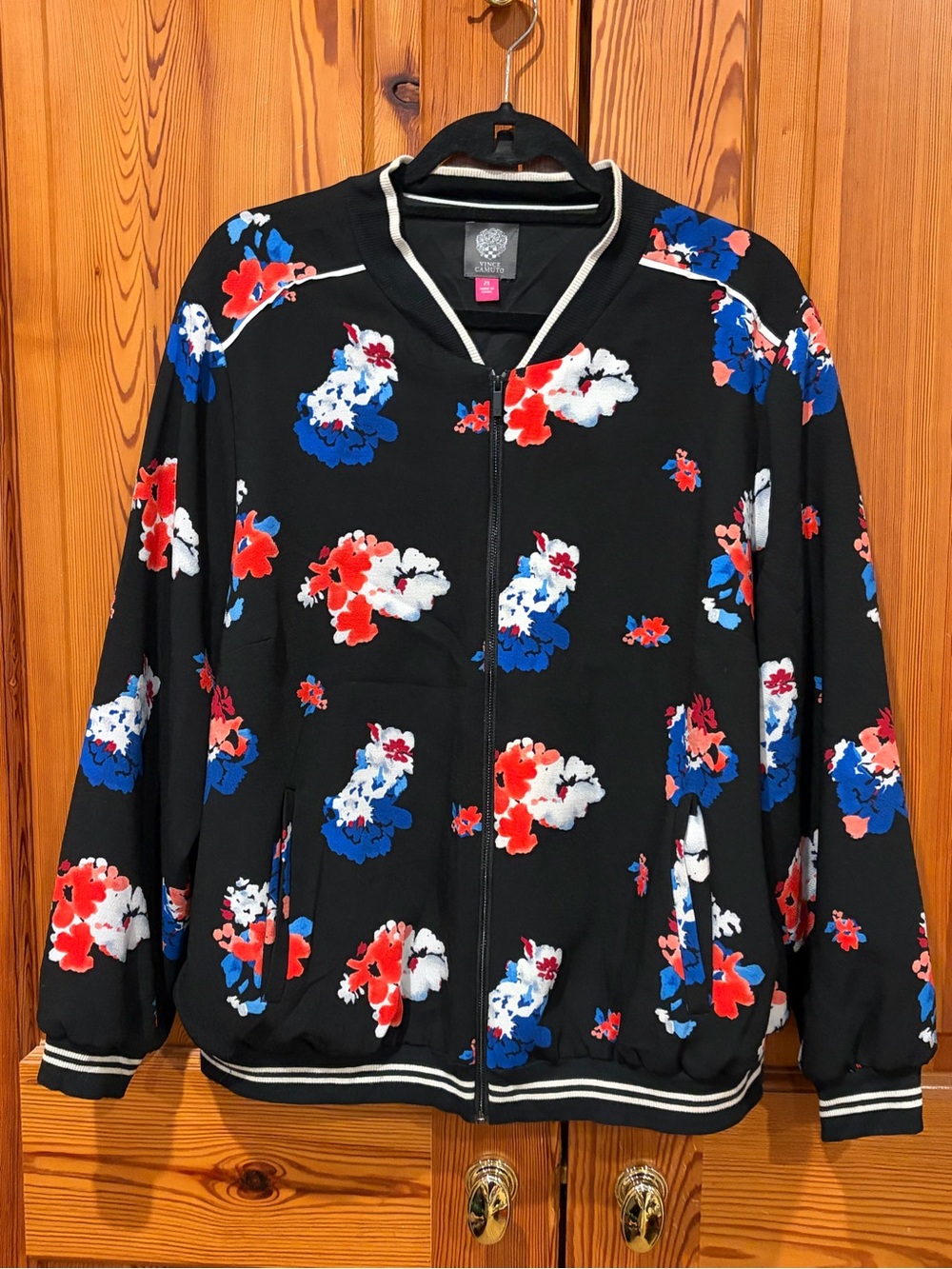 Vince Camuto Black Bomber Jacket with Red, Blue & White Floral Print